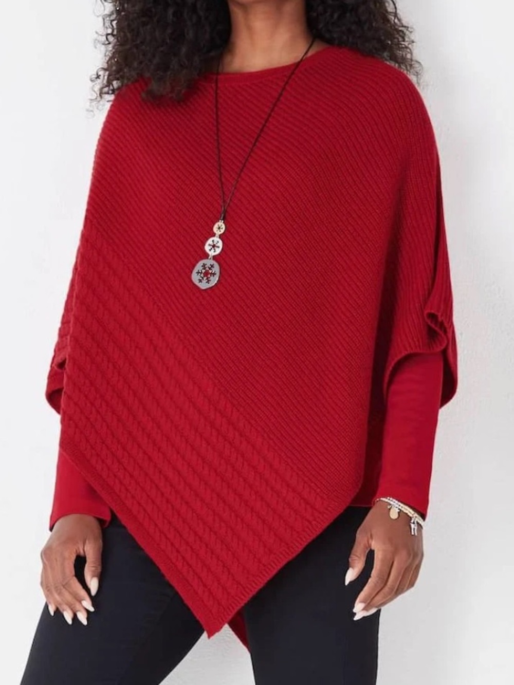 J Jill Scarlet Red Cabled & Ribbed Poncho Cape One Size Asymmetrical Lightweight
